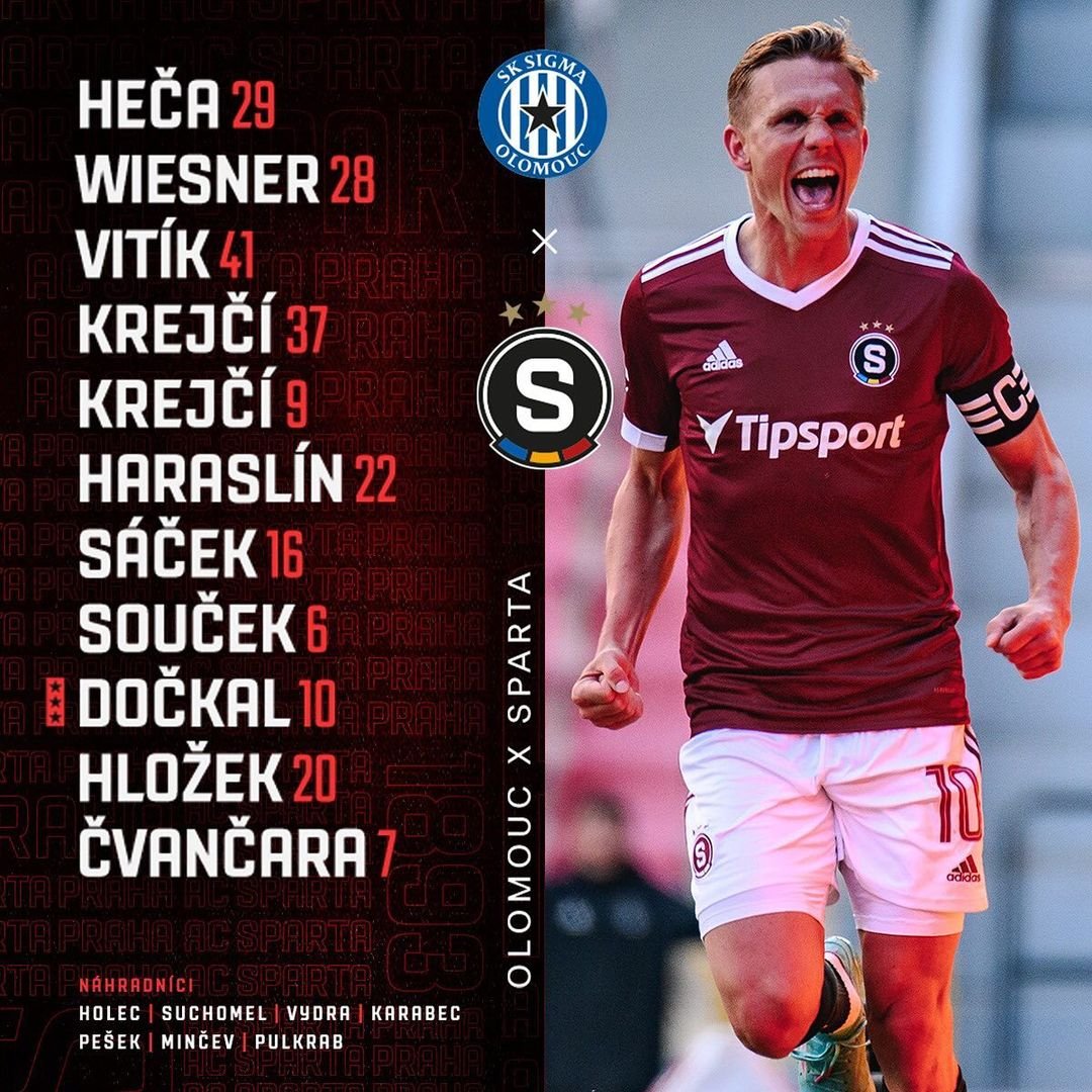 1️⃣1️⃣ SESTAVA | Závěrečný zápas základní části v Olomouci odehrajeme v tomto složení:

? Heča - Wiesner, Vitík, LK37, Laco Krejčí- Haraslín, Sáček, Souček, Dočkal, Hložek - Čvančara.

❗ Zdraví do hry nepustí Čelůstku, Panáka a Højera, karty Pavelku a Hancka. #acsparta